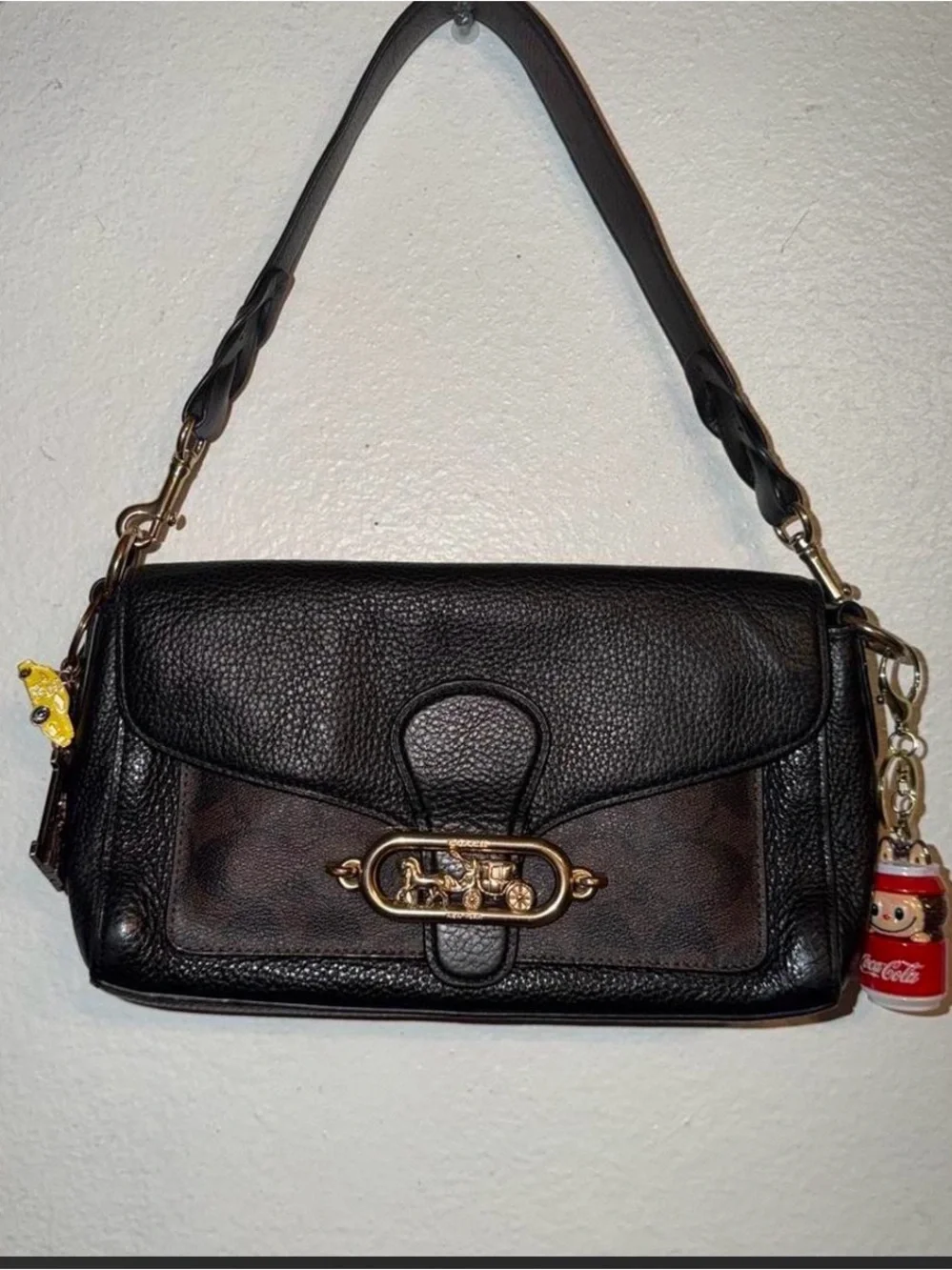 Coach Black Leather Shoulder Bag with Brown Signature Panel and Gold Hardware